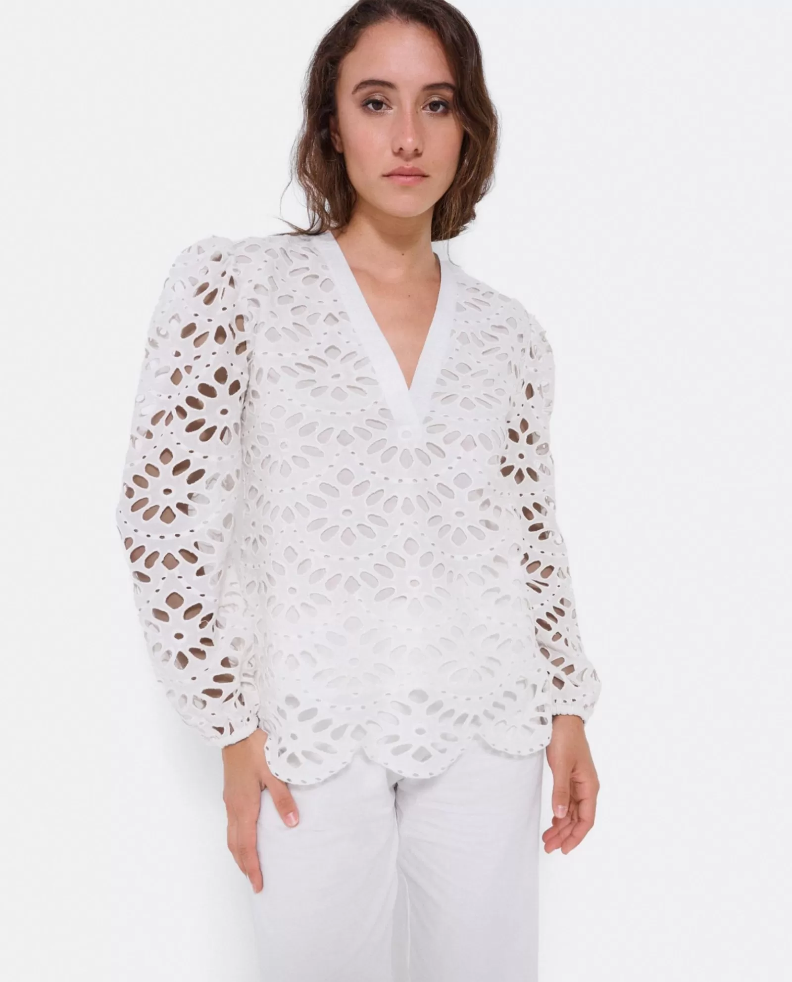 Blusa Escote Pico Guipur Blanco^Cuplé Flash Sale