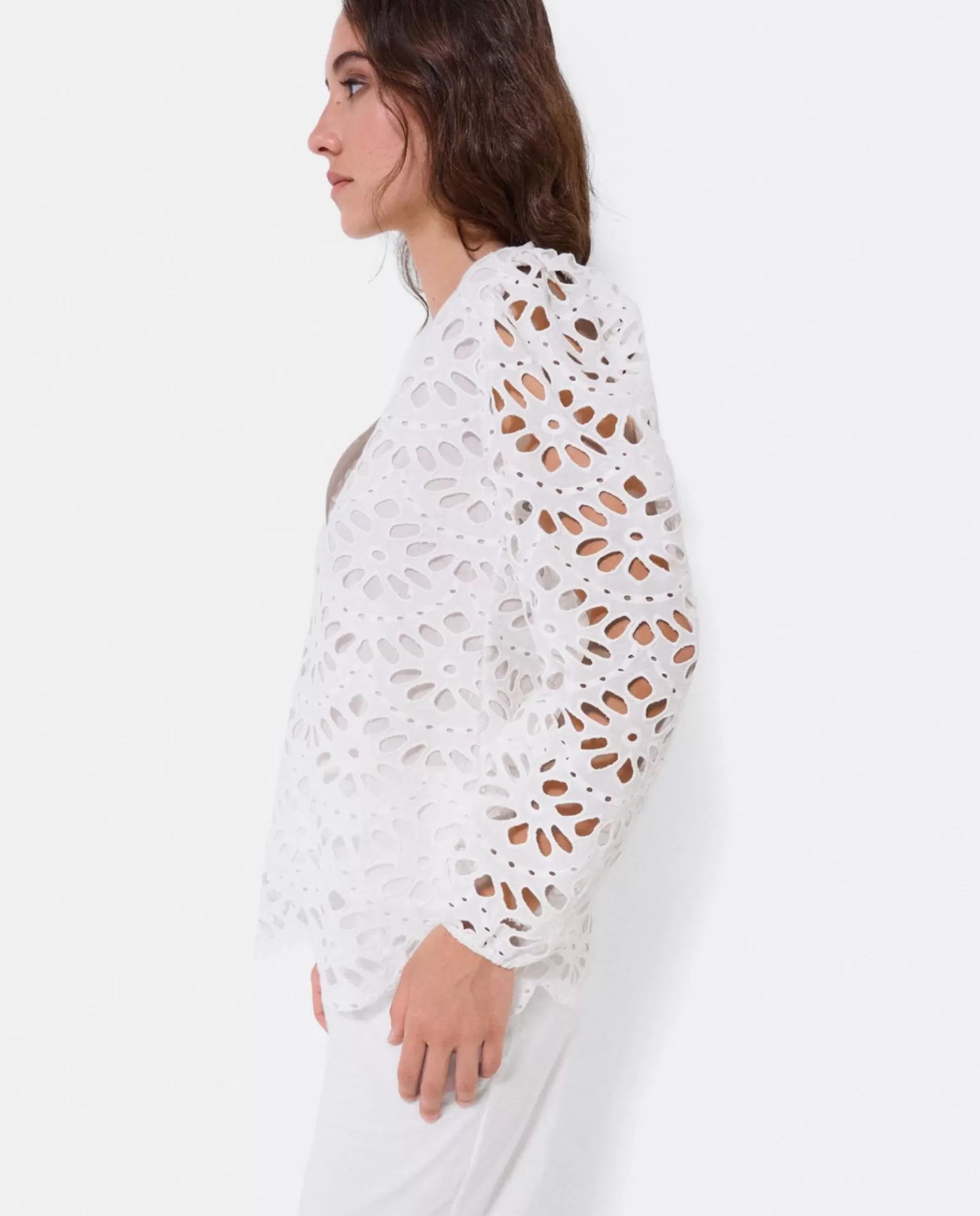 Blusa Escote Pico Guipur Blanco^Cuplé Flash Sale