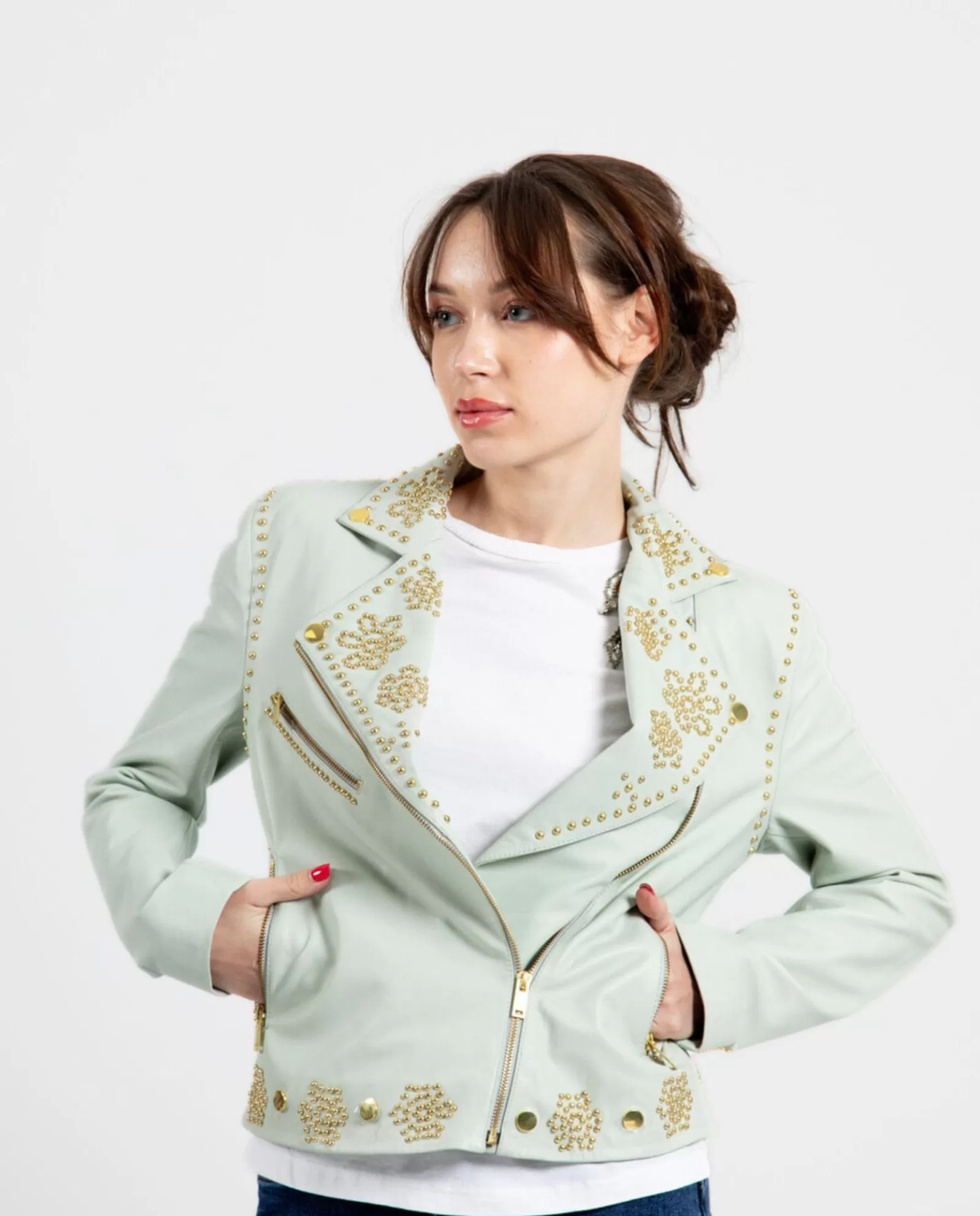 Chaqueta Biker Tachas Piel Verde^Cuplé Cheap