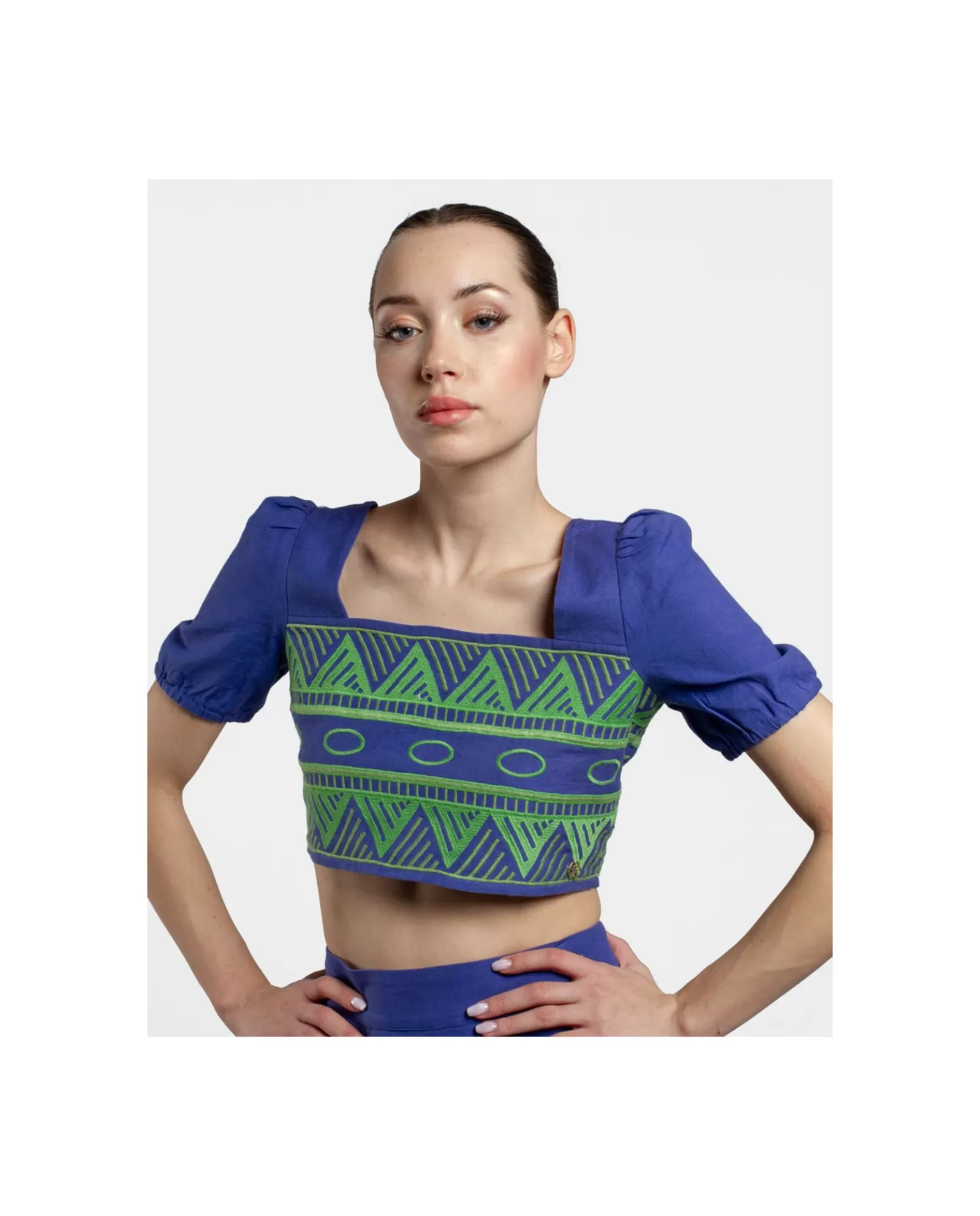 Crop Top Manga Algodon Azul^Cuplé Online