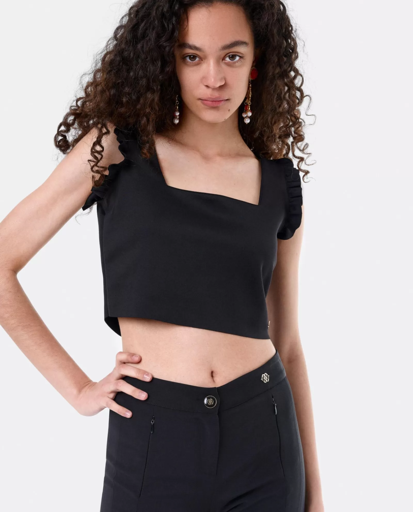 Crop Top Volante Neopreno Negro^Cuplé Online