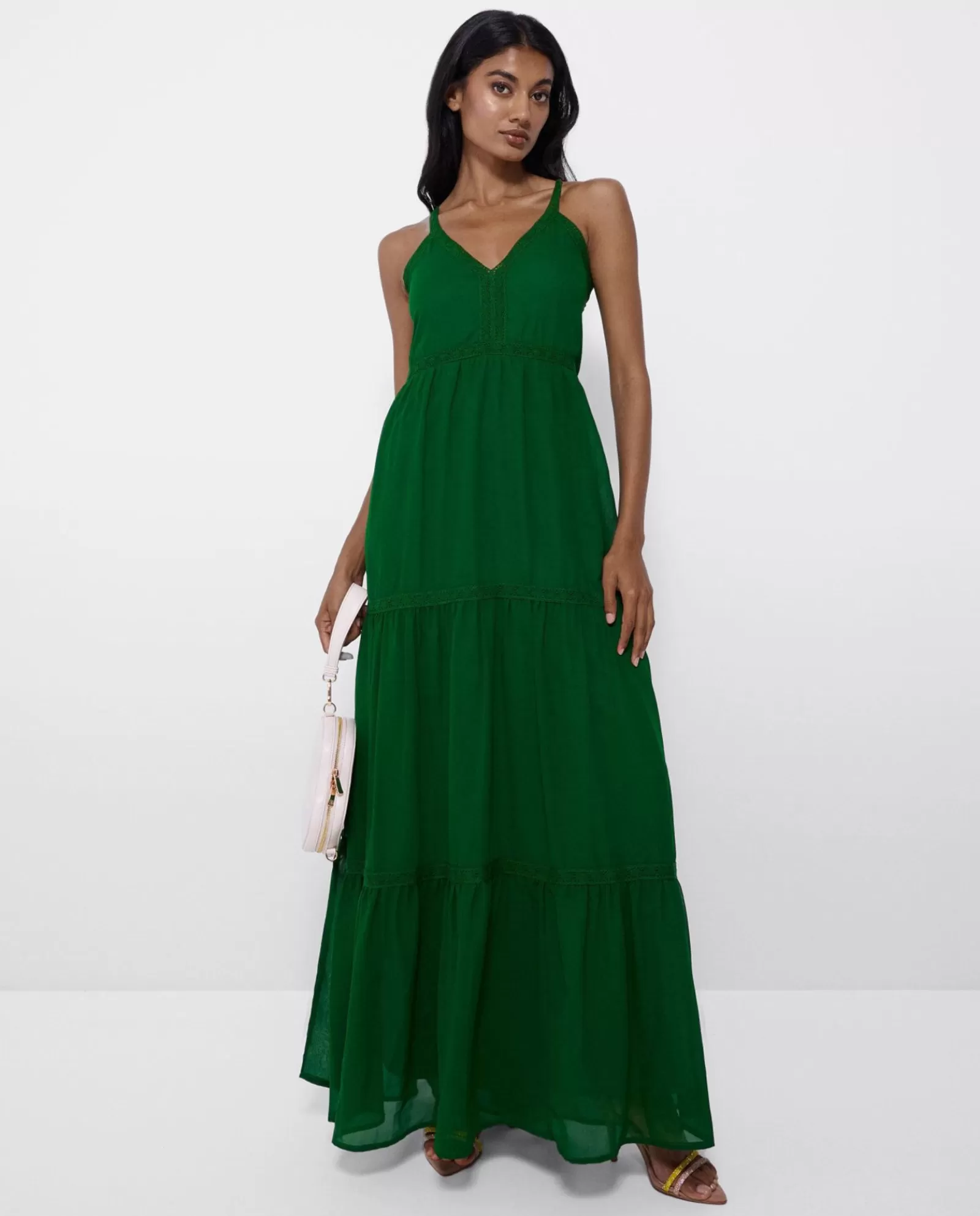 Maxi Vestido Tirantes Encaje Algodon Verde^Cuplé Cheap