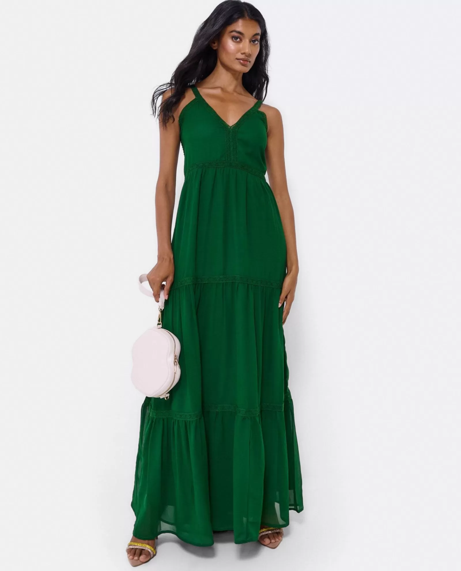 Maxi Vestido Tirantes Encaje Algodon Verde^Cuplé Cheap