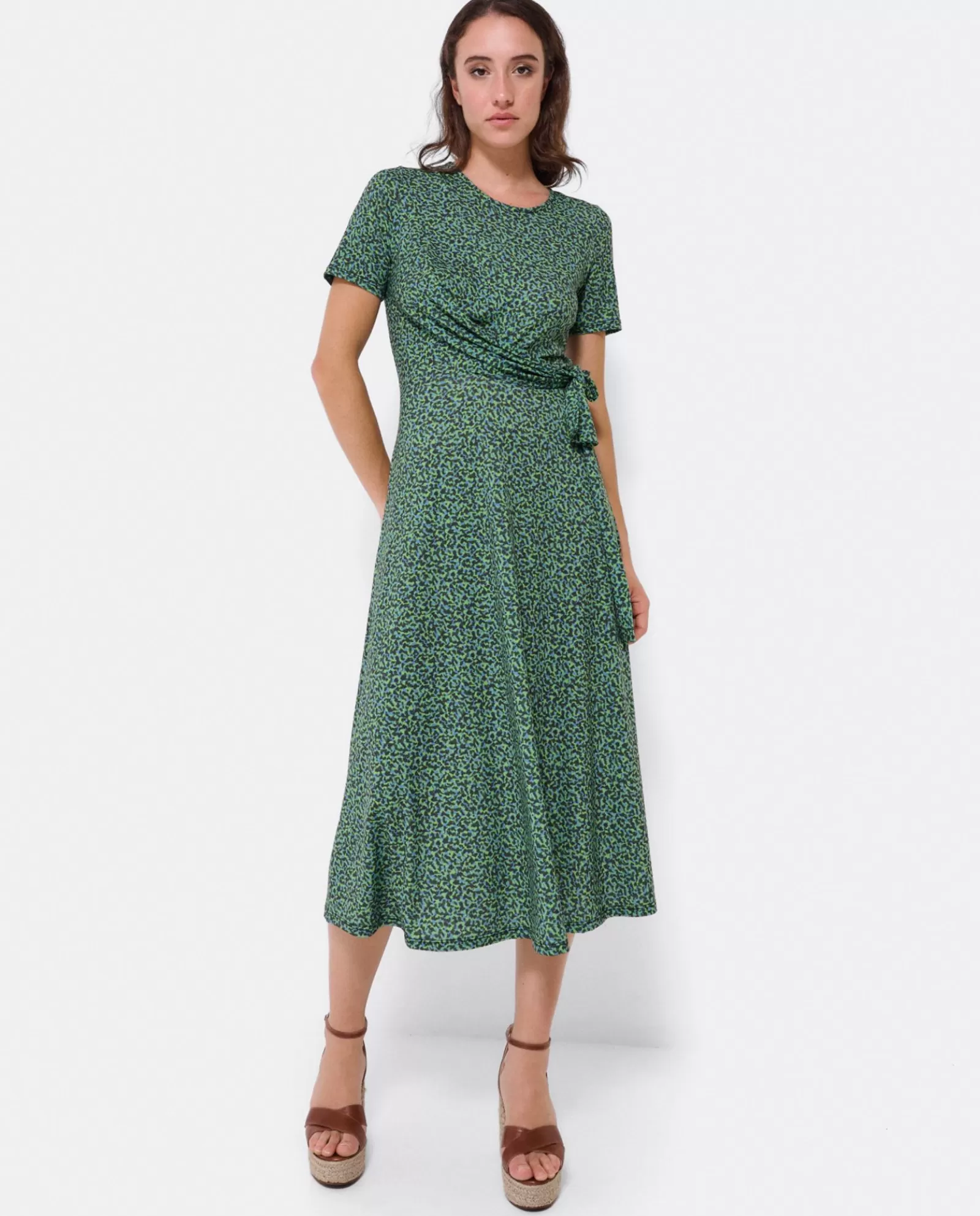 Vestido Manga Corta Nudo Delantero Punto Leopardo^Cuplé Shop