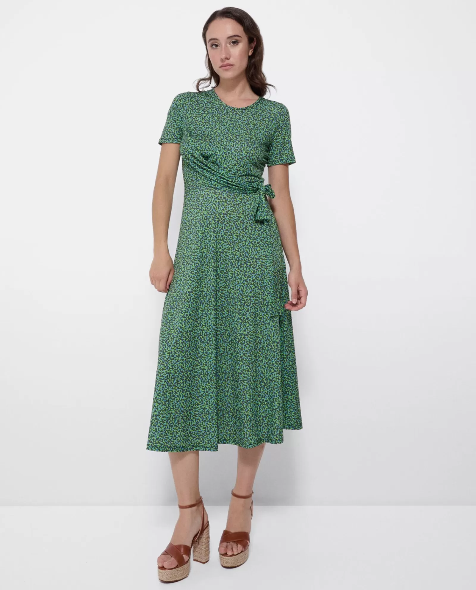 Vestido Manga Corta Nudo Delantero Punto Leopardo^Cuplé Shop