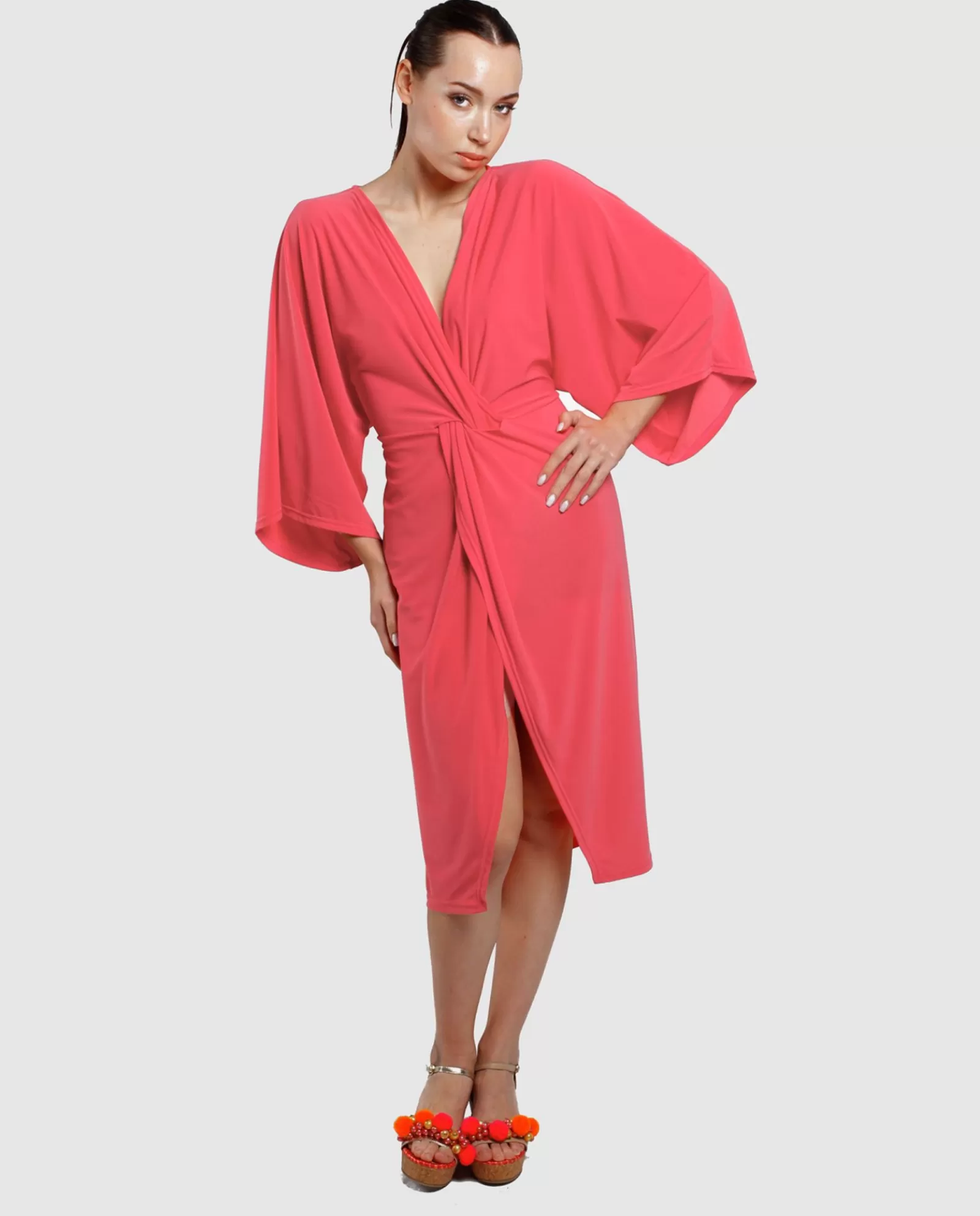 Vestido Maxi Mangas Punto Fucsia^Cuplé Outlet