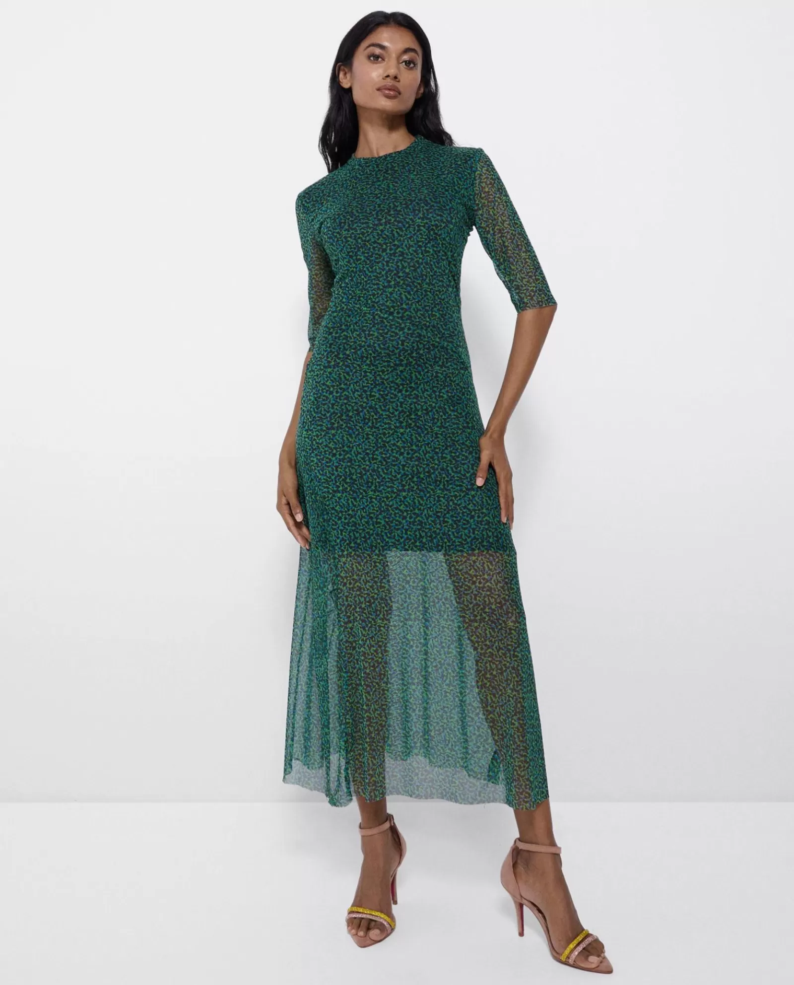 Vestido Tul Manga Corta Tul Leopardo Verde^Cuplé Flash Sale