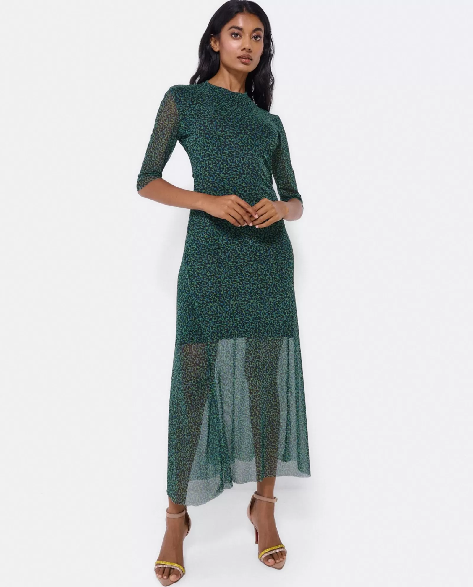 Vestido Tul Manga Corta Tul Leopardo Verde^Cuplé Flash Sale