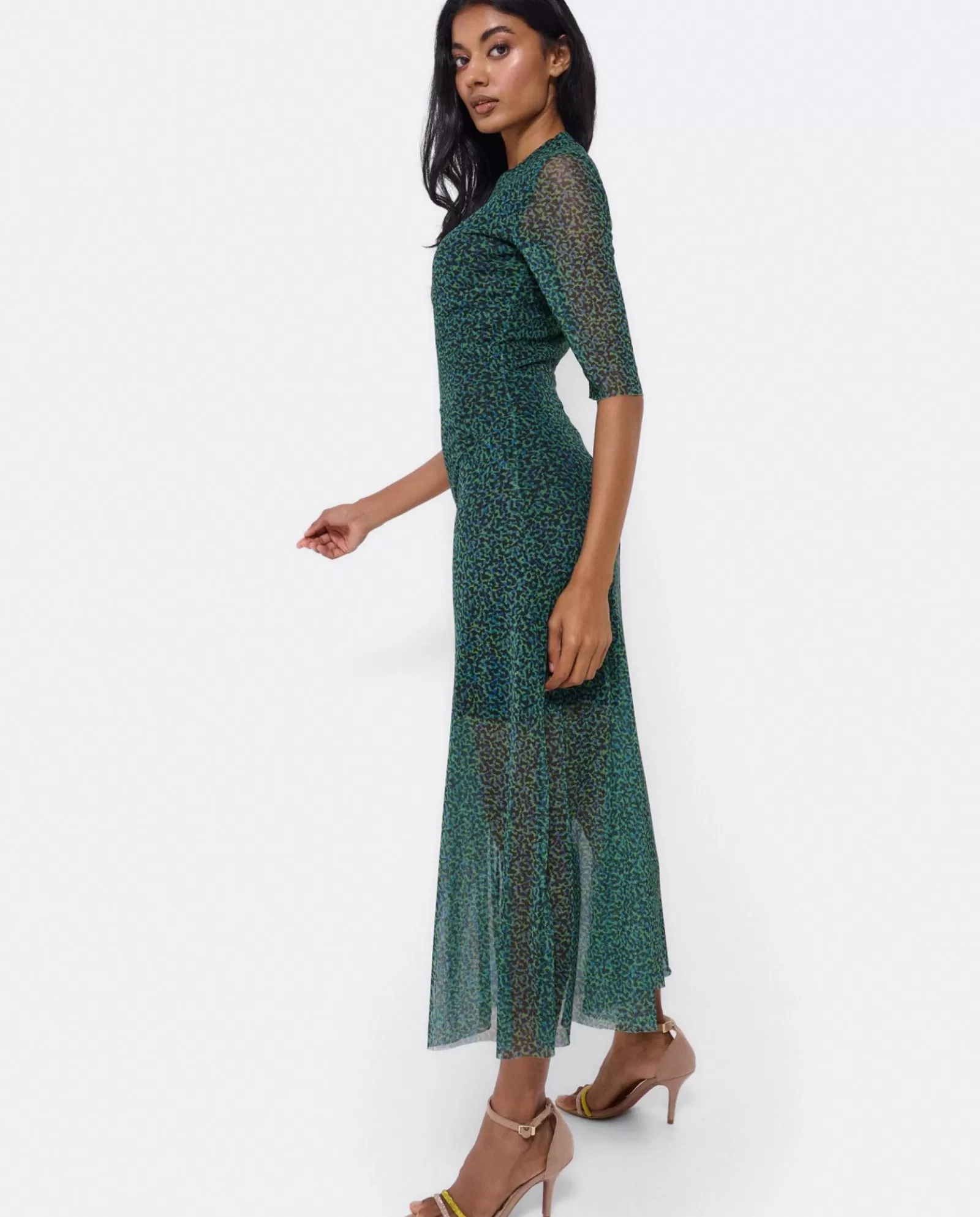 Vestido Tul Manga Corta Tul Leopardo Verde^Cuplé Flash Sale